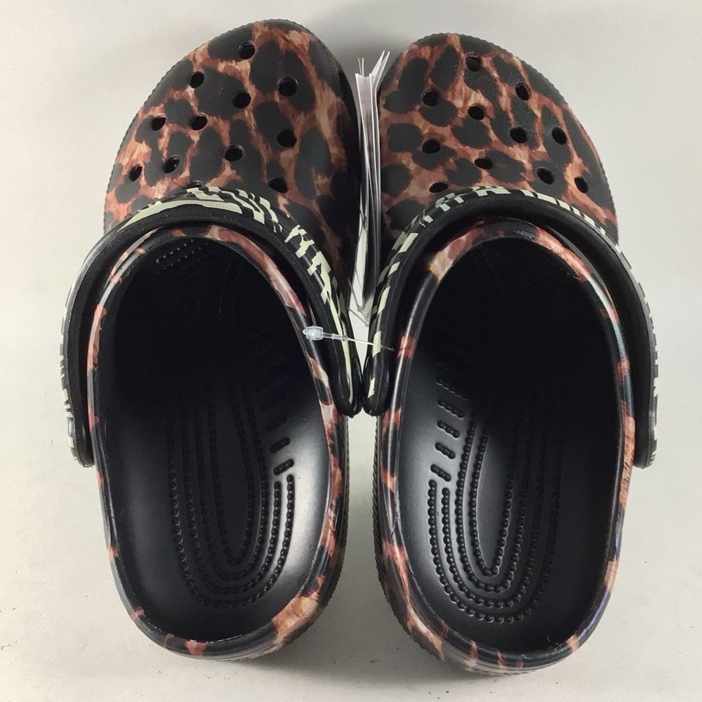CROCS Leopard Print Clog Mules in Brown and Black